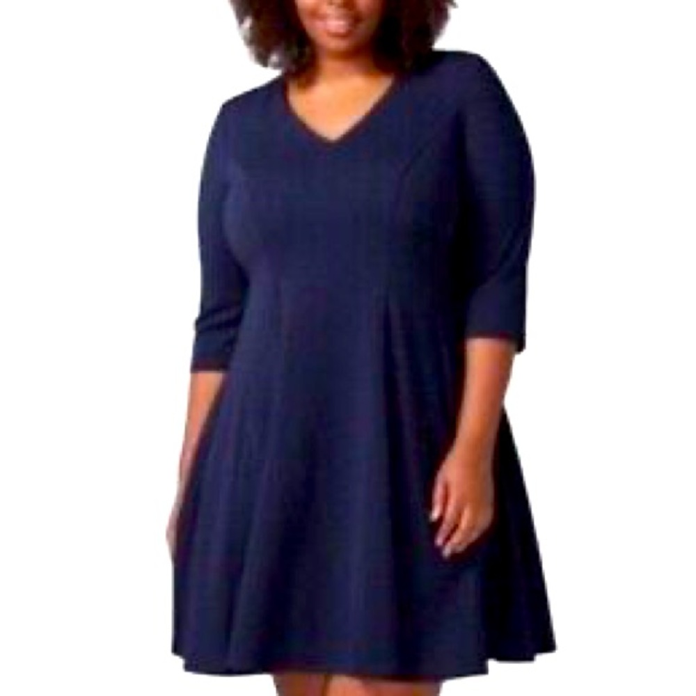 Lane Bryant 3/4 Sleeve V Neck Fit & Flare Dress Navy Blue Womens Size 14/16